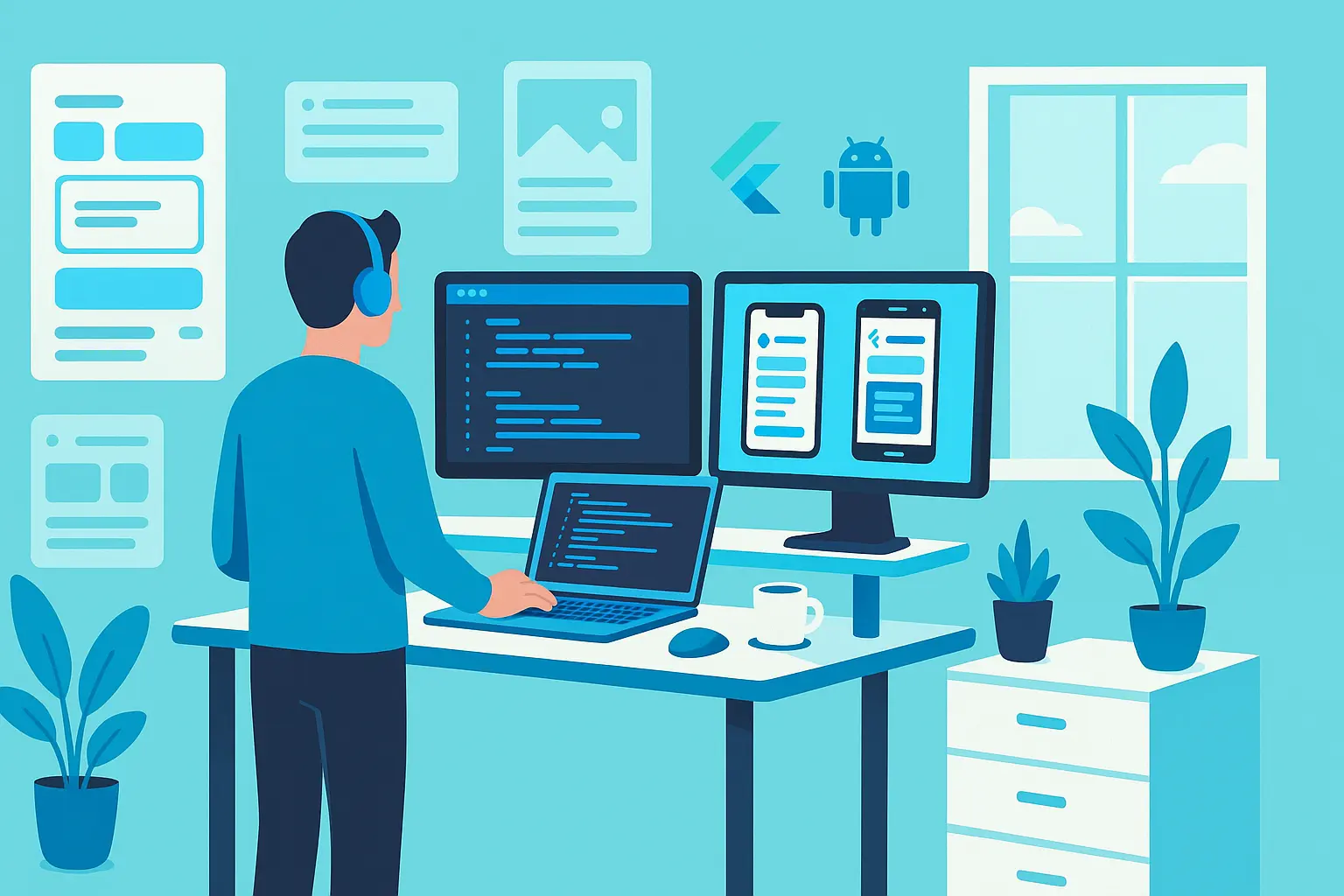 A man stands at a desk with two screens and a laptop and programs an app.