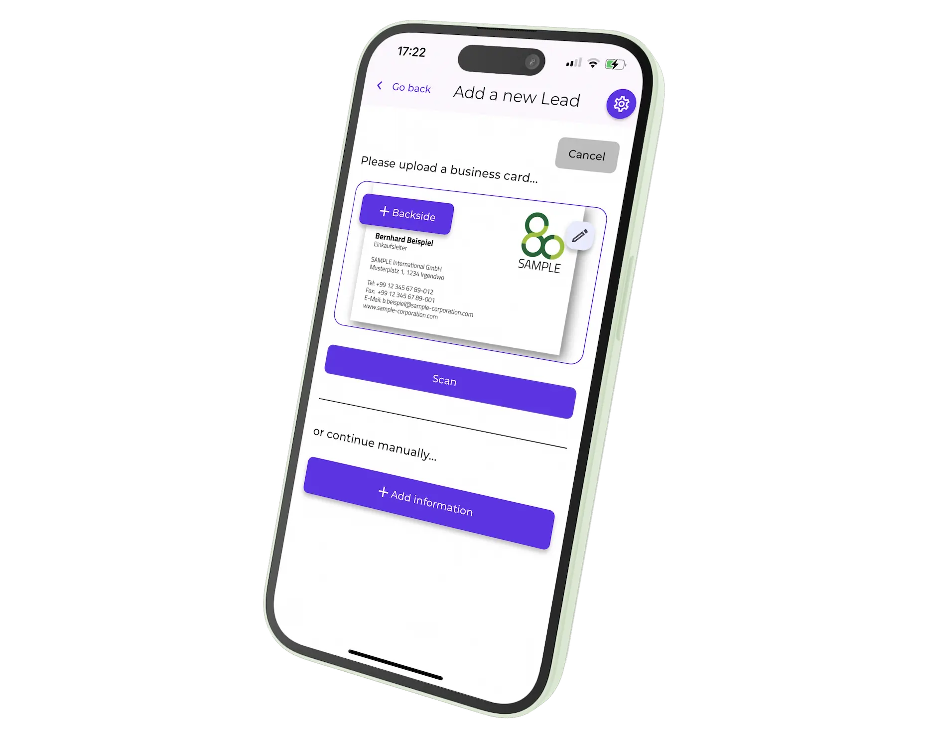 Smartphone mit Rainconnect App: Neuen Kontakt erfassen