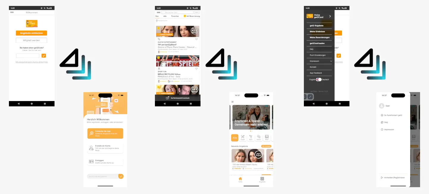 Drei App-Seiten mit vorher nachher Version