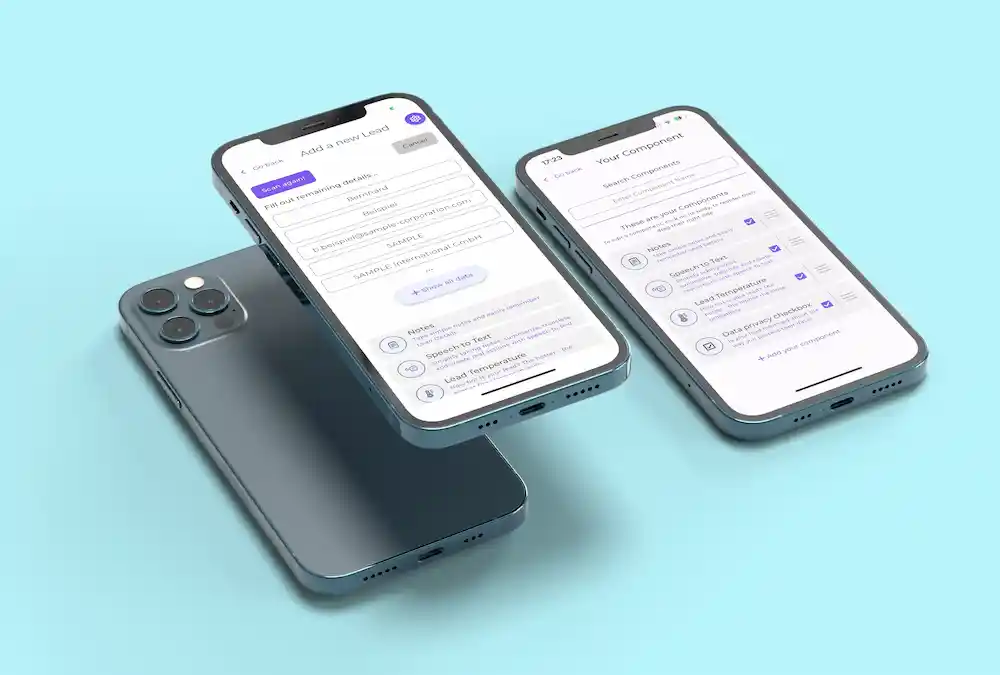 Drei iPhones zwei mit Rainconnect App, eins auf Rückseite: Neuen Kontakt erfassen Details, Nach Komponenten suchen