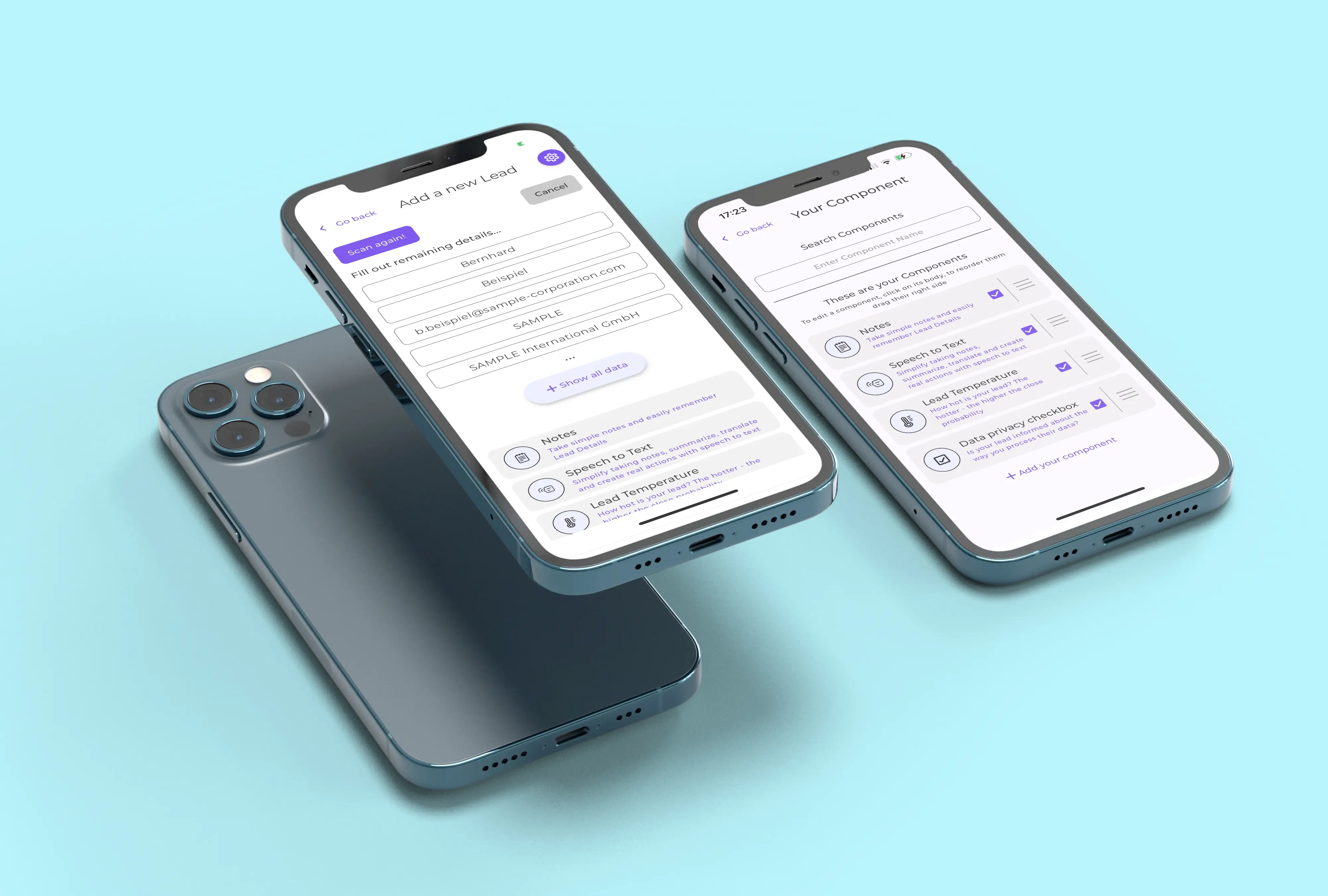 Drei iPhones zwei mit Rainconnect App, eins auf Rückseite: Neuen Kontakt erfassen Details, Nach Komponenten suchen