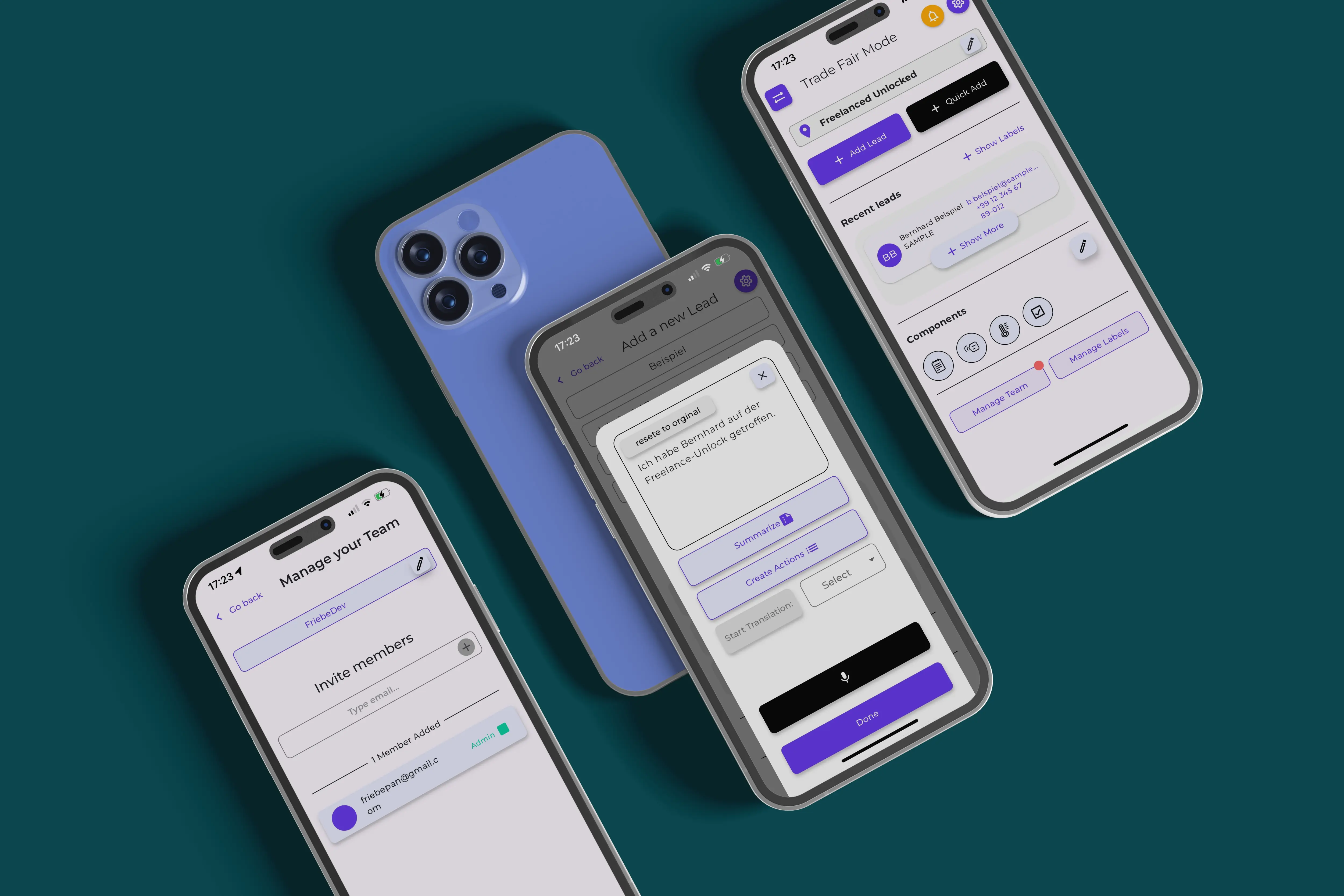 Vier iPhones mit Rainconnect App, eins auf Rückseite: Mitglied einladen, Kontakt Notizen erfassen, Kontakt suchen, Messemodus