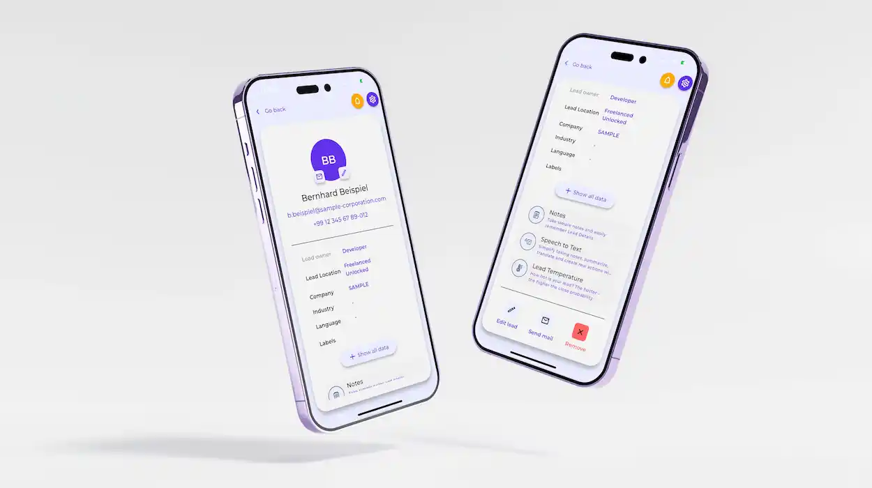 Zwei iPhone mit Rainconnect App: Kontakt Beispiel Page oben und unten gescrollt