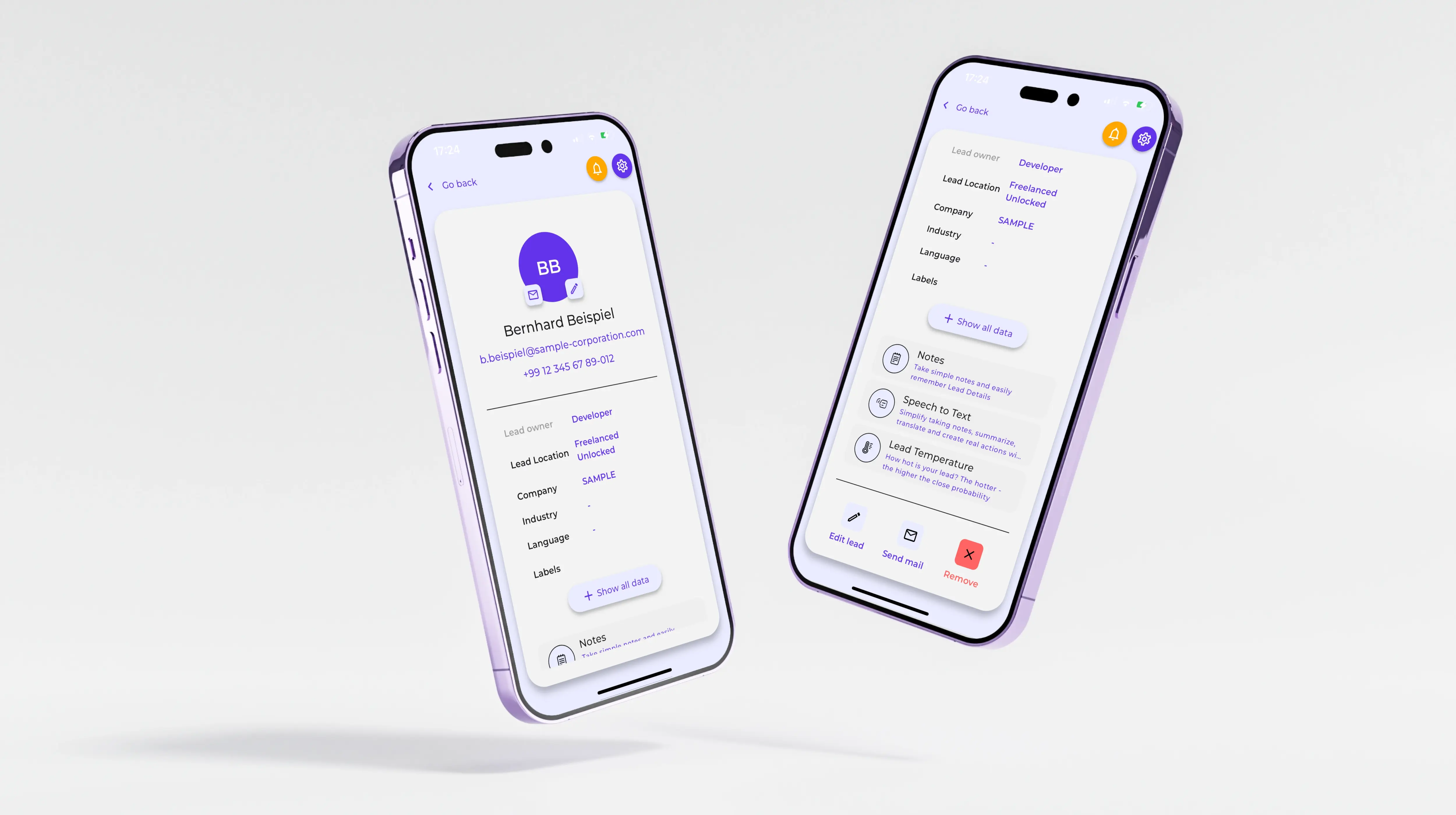Zwei iPhone mit Rainconnect App: Kontakt Beispiel Page oben und unten gescrollt